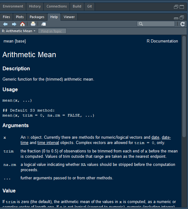 Jendela help dokumentasi fungsi mean().